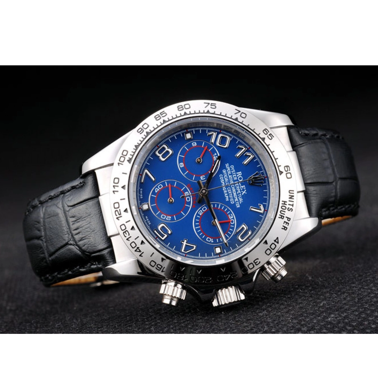 AAA Replica Watches Rolex Black Leather Strap Blue Steel Dial Stainless Case Daytona 0804